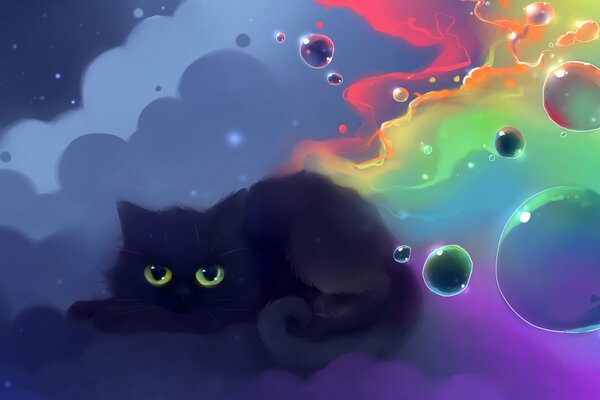 Chat noir repose sur un nuage magique