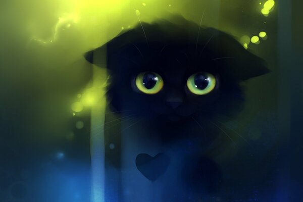 Черный грустный котенок с зелёными глазами