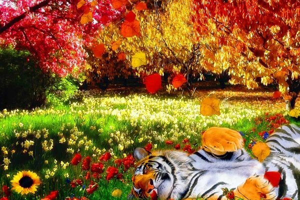 Tiger in a meadow among flowers and trees