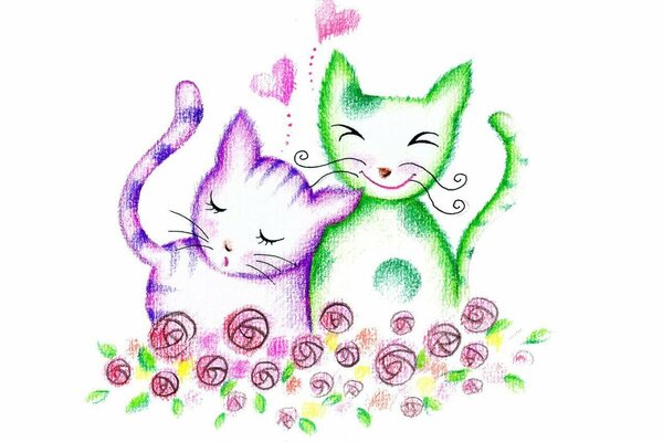 Cat and cat with flowers and hearts