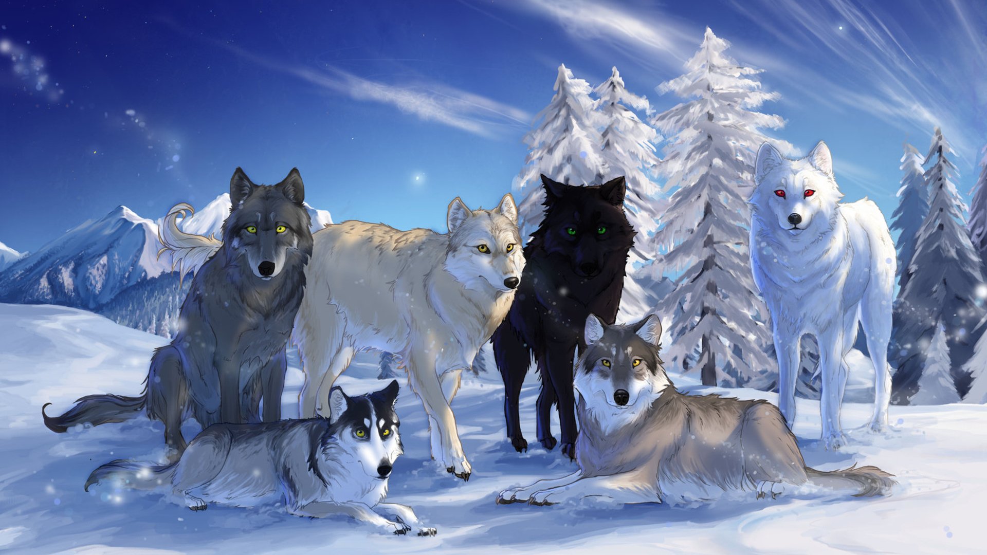 loups montagnes arbres hiver ciel nature dessins neige