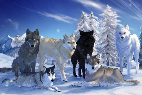 Lobos sentados en un bosque nevado