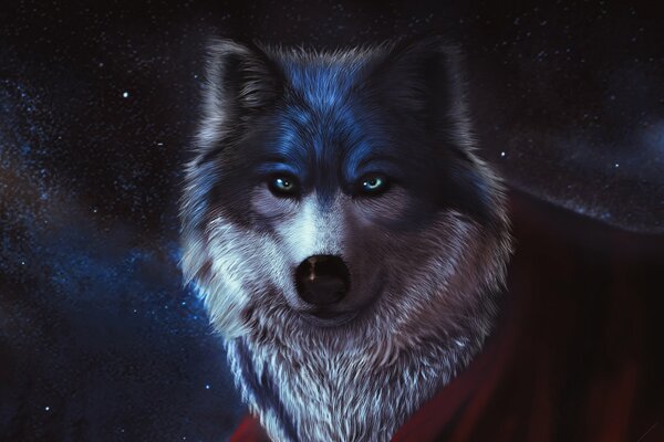 A dog with a red scarf on a starry sky background