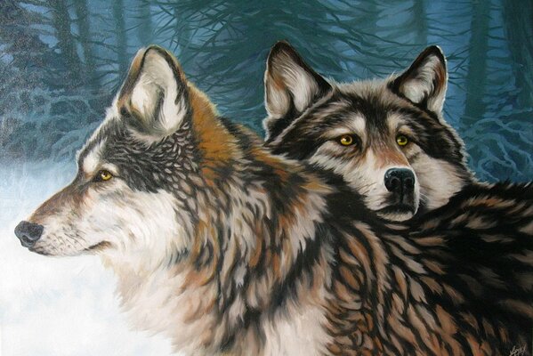 A picture of two wolves in a winter forest