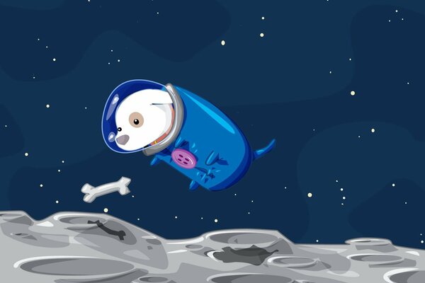 A dog in space is trying to reach a bone