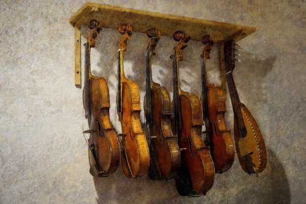 Musical instruments on a hanger on a gray background