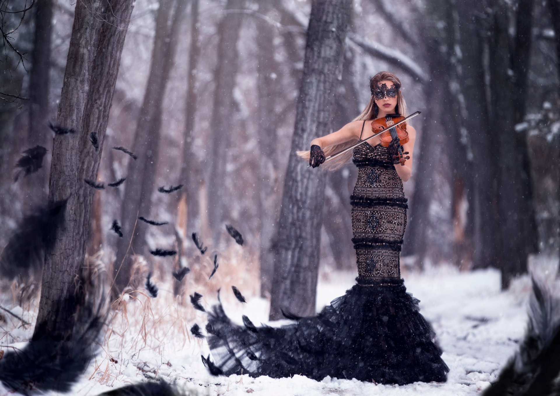 symphonie de corbeau fille violon plumes oiseau forêt neige