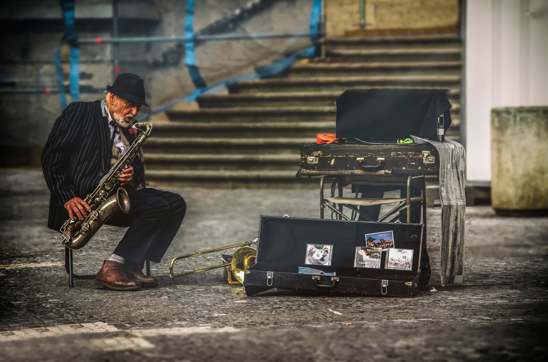 town prague musician street saxophone