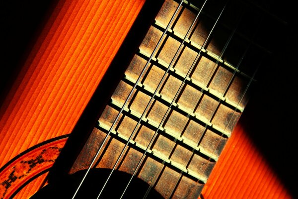 Diapasón de guitarra iluminado por el sol de cerca