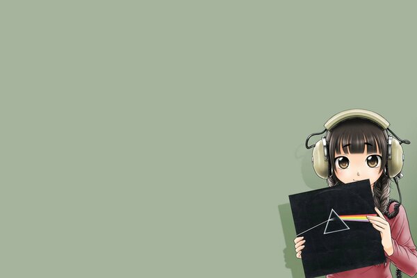 Anime girl with headphones holds a pink floyd record in her hands