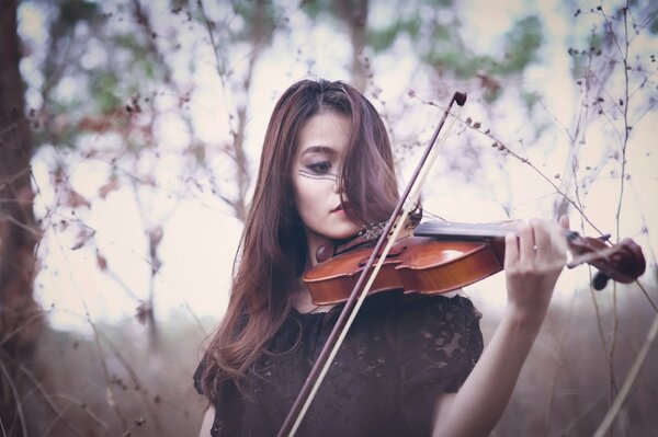 Bella ragazza che suona il violino nella foresta