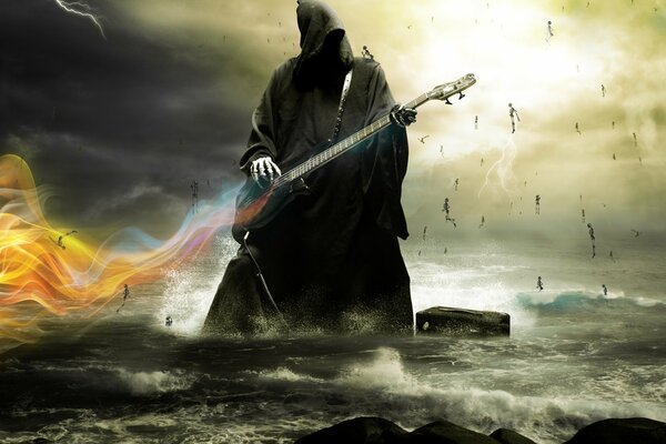 Tod mit Gitarre im brodelnden Meer
