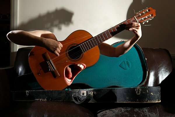 Photo-montage of a singing guitar playing on itself