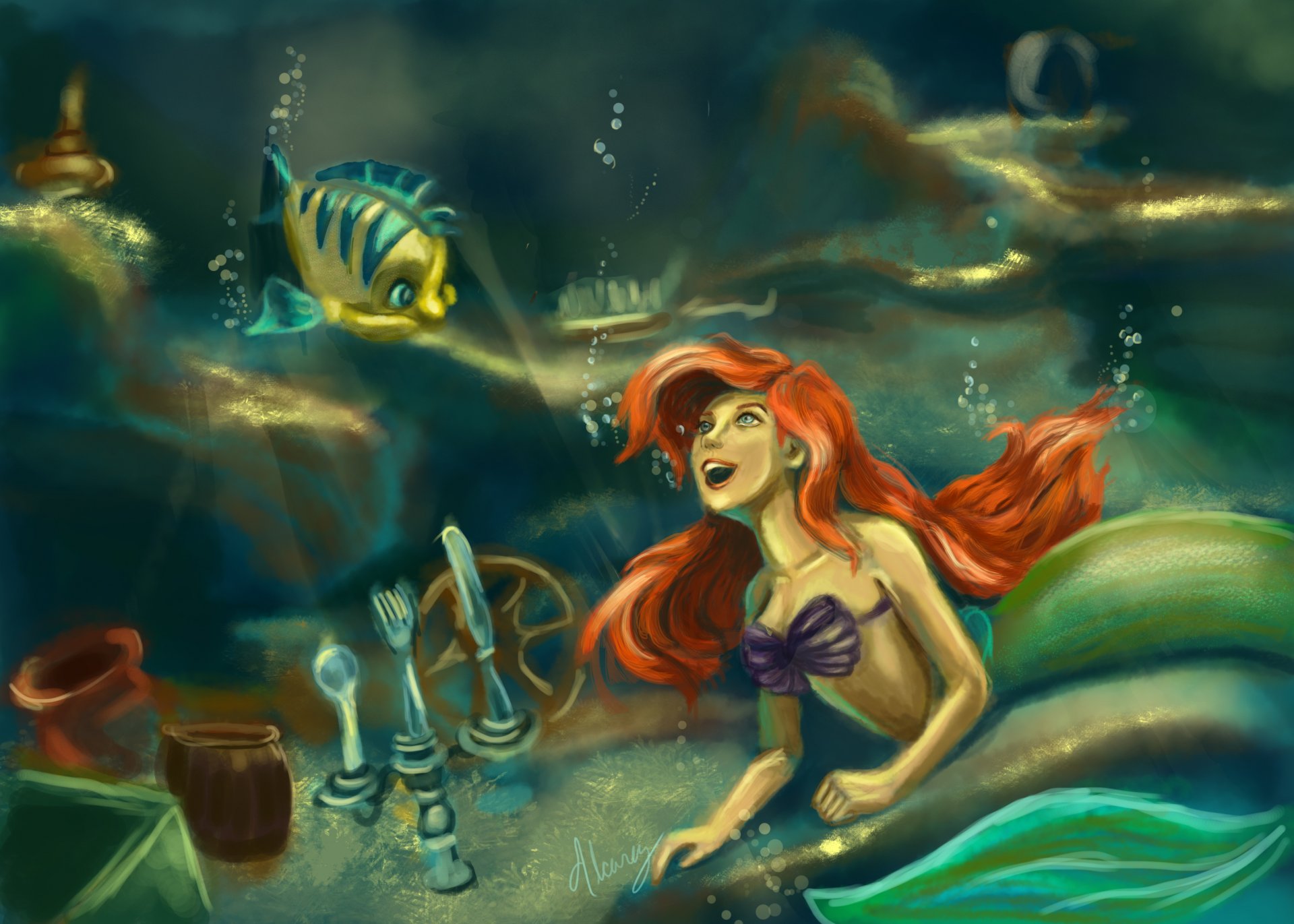 art petite sirène sirène ariel sous l eau poisson poisson ameublement fourchettes cuillères bougeoir bulles