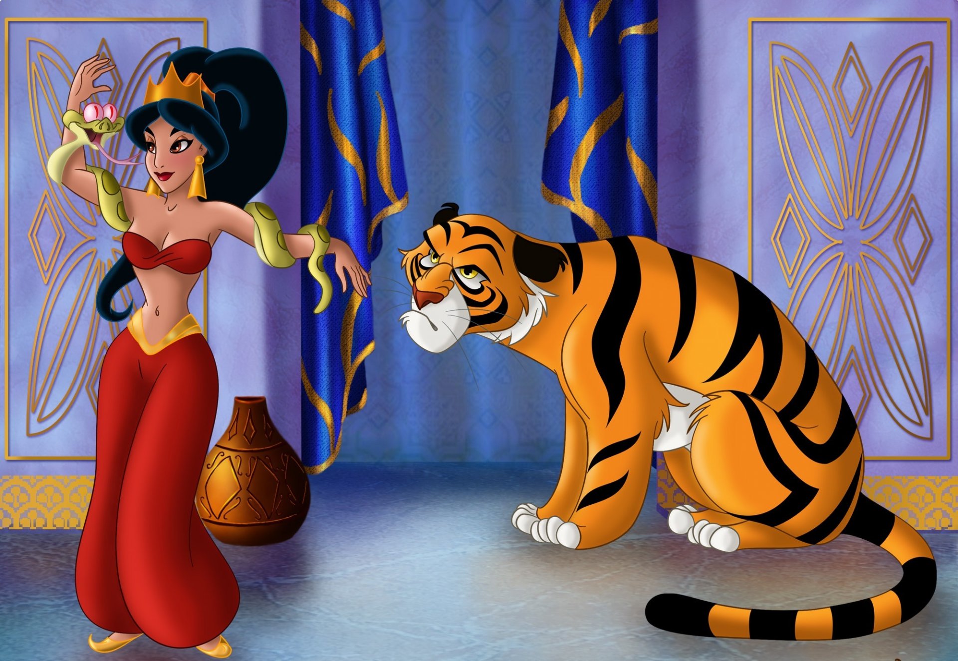 aladdin jasmine s new friend walt disney fanart movie animated film fairy tale princess jasmine tiger raja cartoon east baghdad beauty balcony snake