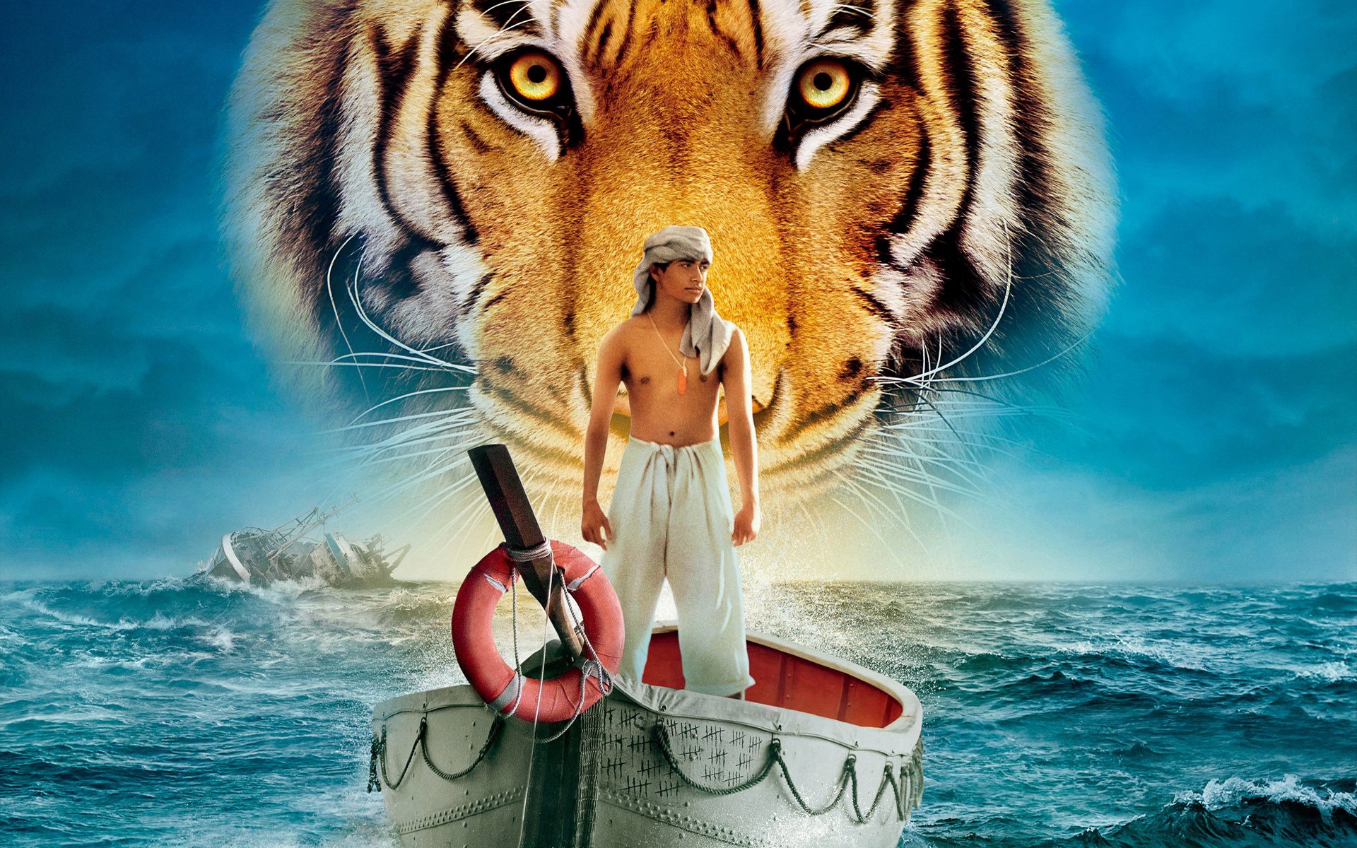 life of pi tiger guy boat sea water ship man