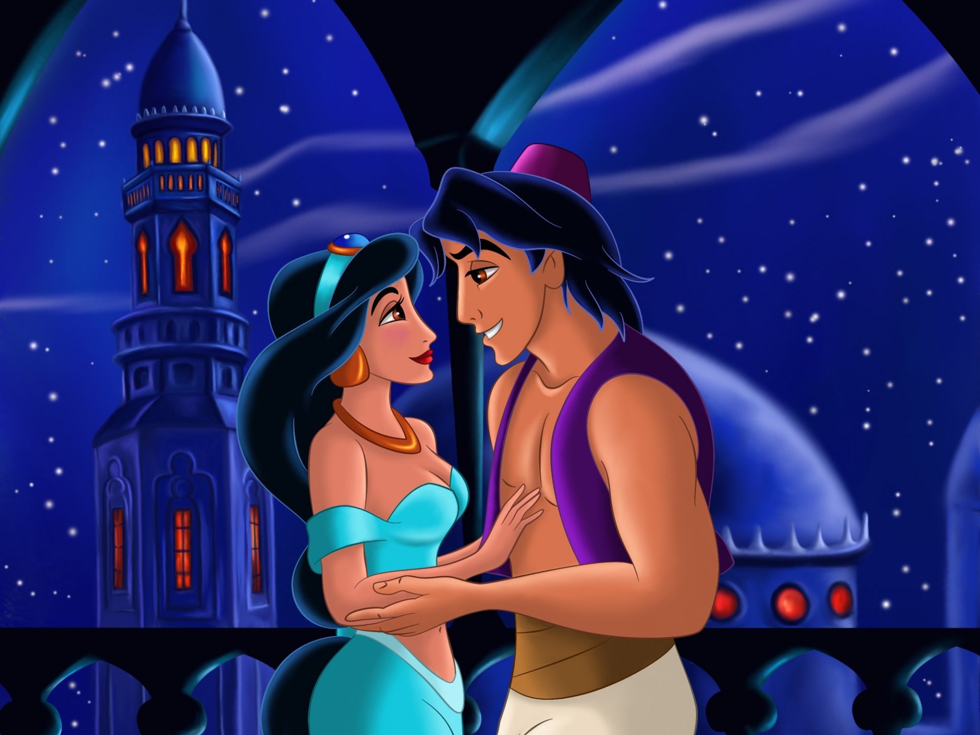 aladdin ensemble pour toujours walt disney fanart film film d animation nuit arabe conte de fées histoire d amour princesse jasmin dessin animé nuit arabe est bagdad amour balcon minaret arche fenêtre