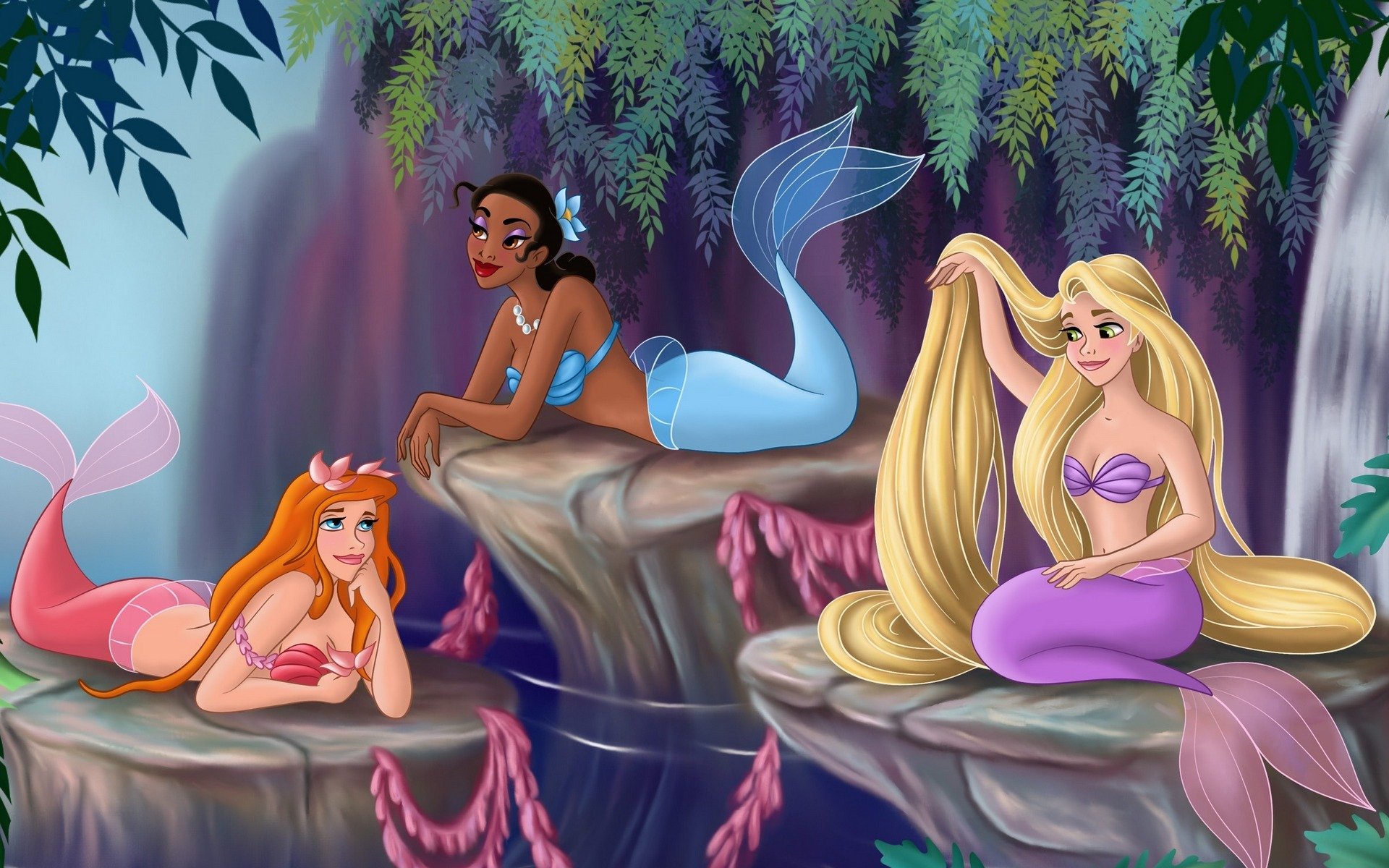 sirènes walt disney princesses fanart rapunzel tiana giselle beauté conte de fées beautés forêt arbres cascade