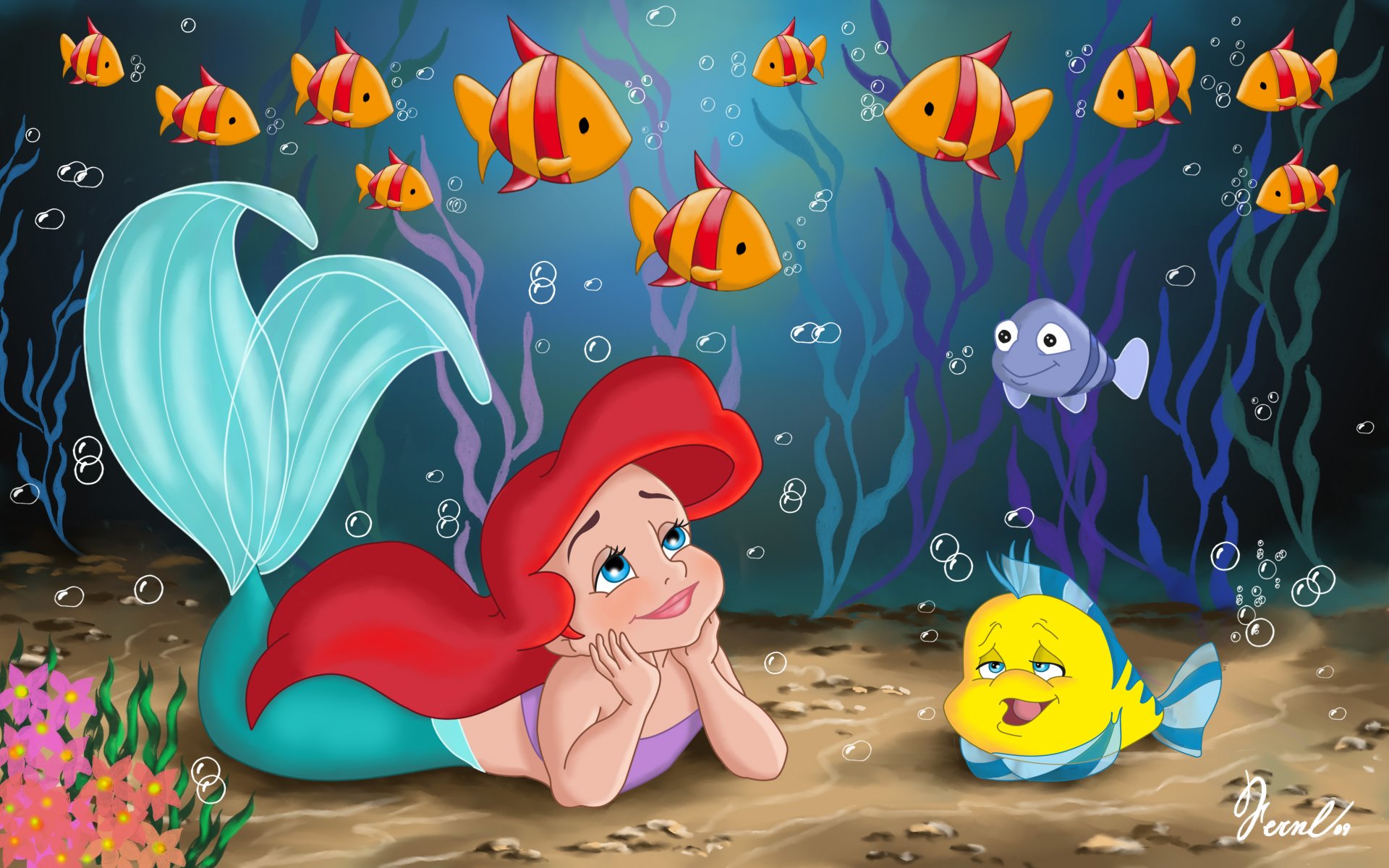 petite sirène film walt disney fanart enfance princesse ariel mer poisson mignon enfant conte de fées petite sirène dessin animé sirène charme poisson-lune poissons algues