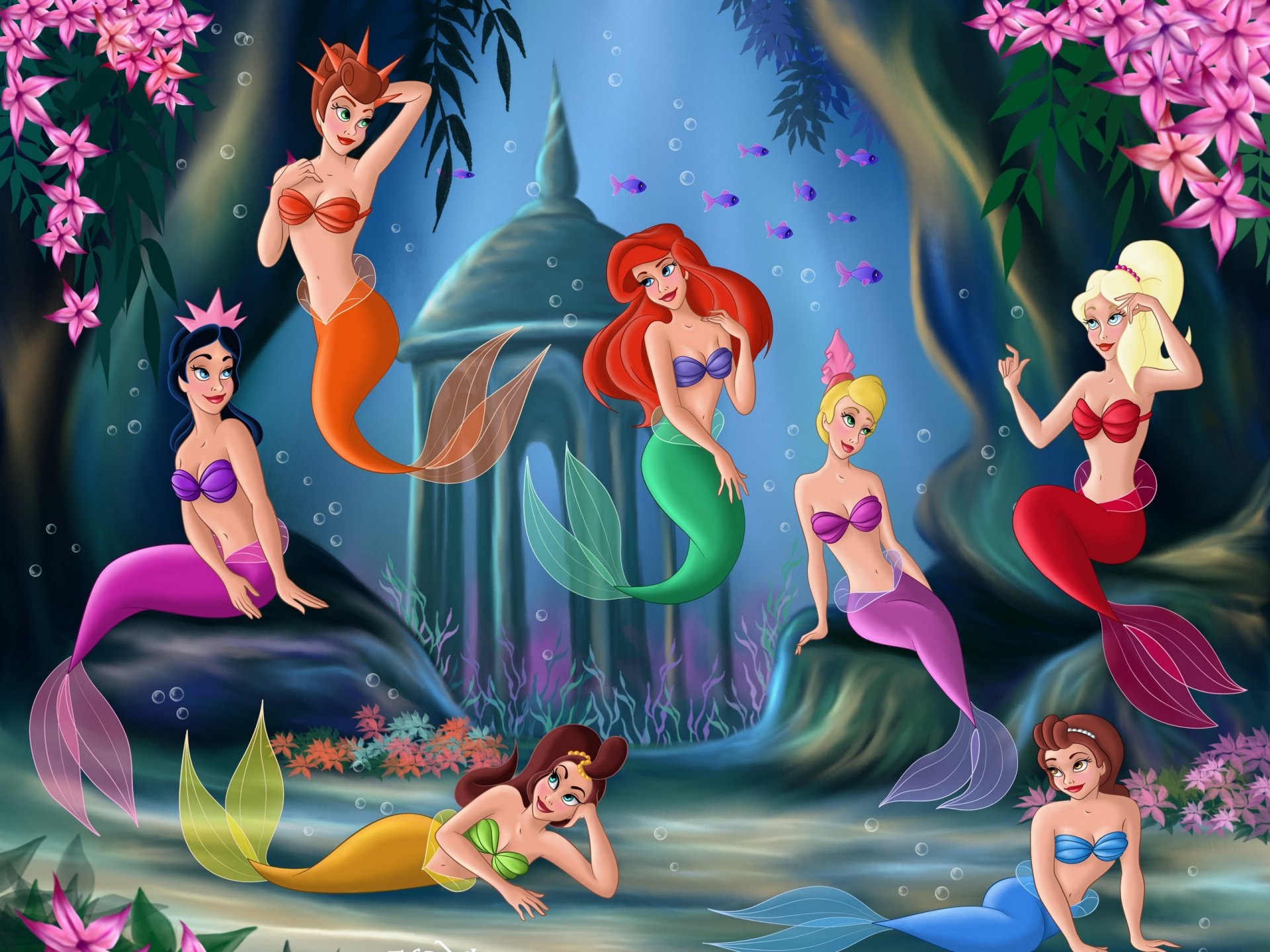 la sirenita fanart película película de animación walt disney princesa ariel aquata attina adella alana arista andrina hermanas cuento de hadas mar castillo flores underworld la sirenita dibujos animados sirena aquata att