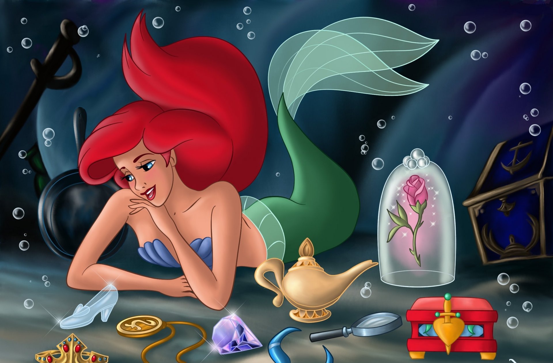 sirenetta tesoro ariel fanart film d animazione walt disney principessa ariel fiaba mare castello fiori mondo fantastico sirenetta cartone animato sirena mondo sottomarino baule tesori spa