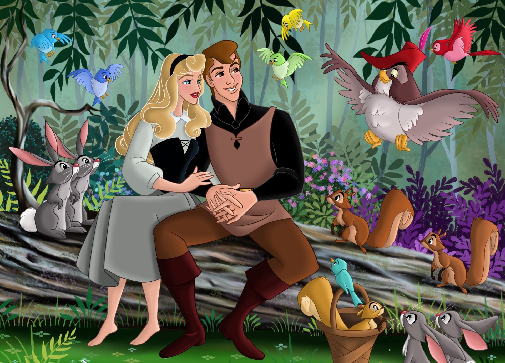 leeping beauty walt disney fanart movie animated film fairy tale princess aurora borealis philip forest flowers friends birds cartoon aurora rose prince hares squirrel