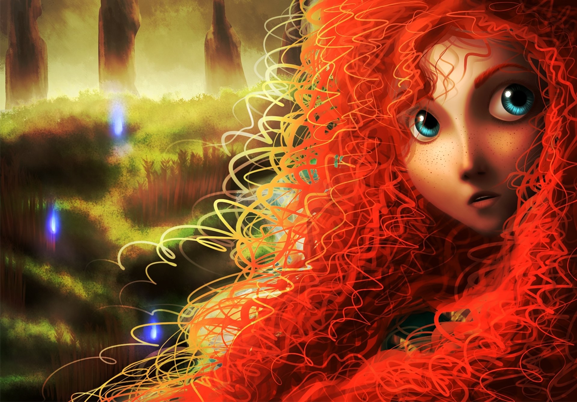 art merida girl redhead curls face freckles forest light