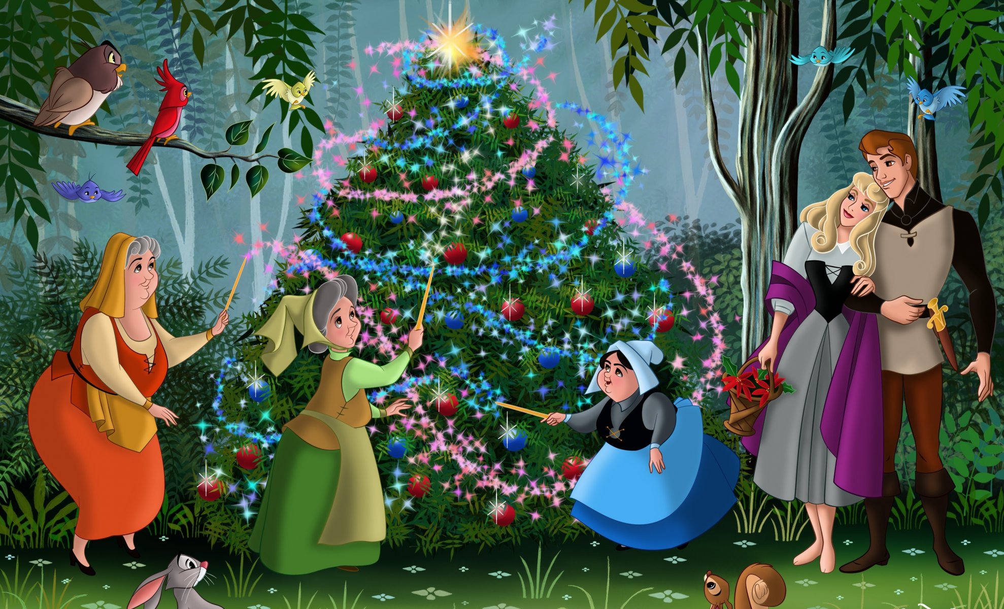 bella durmiente walt disney navidad árbol de navidad fanart película película de animación cuento de hadas princesa aurora philip bosque flores hadas amigos pájaros dibujos animados año nuevo aurora rosa pr