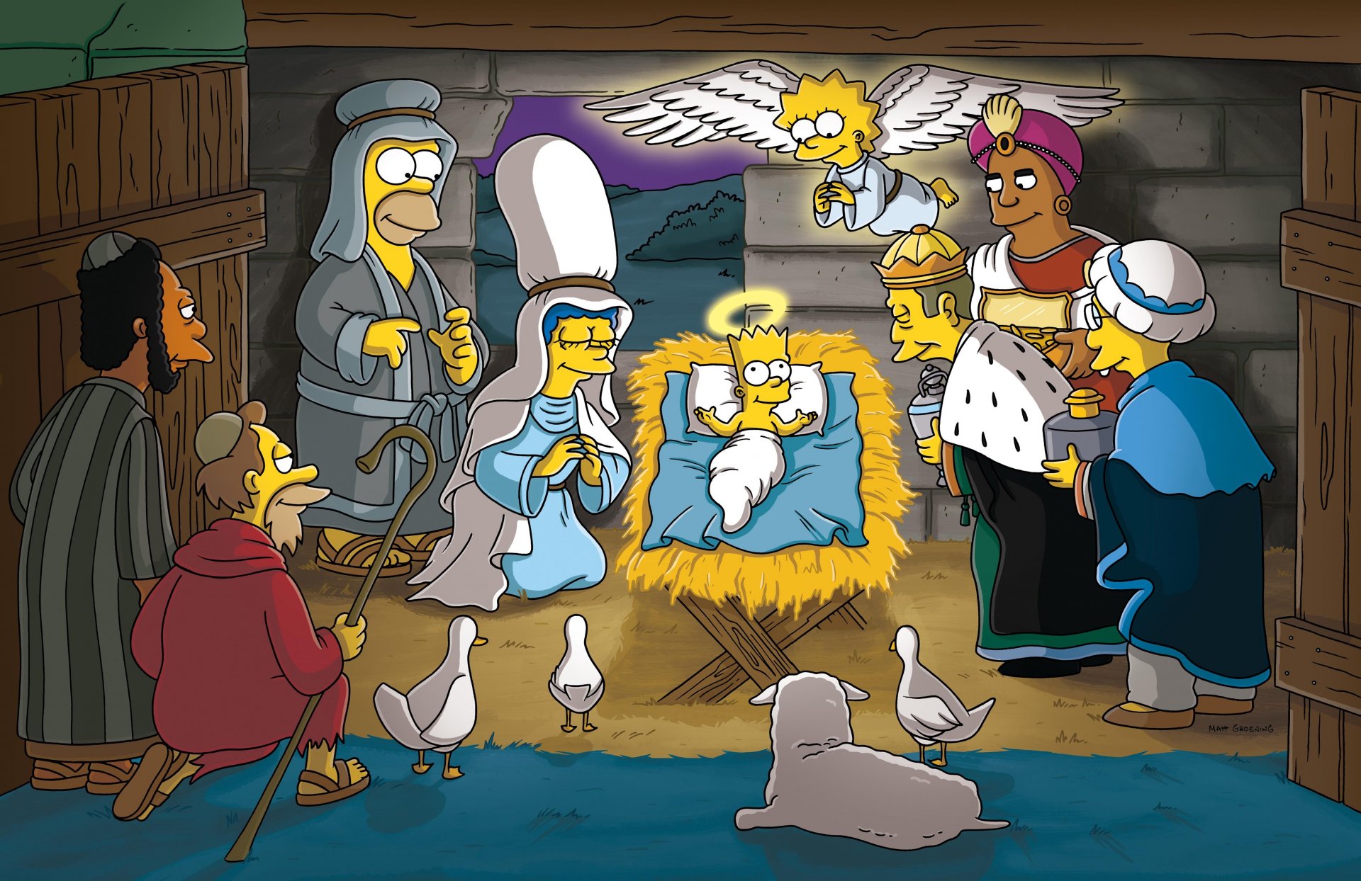 the simpsons christmas bart lisa homer marge lennie carl principal skinner dr. hulbert professor