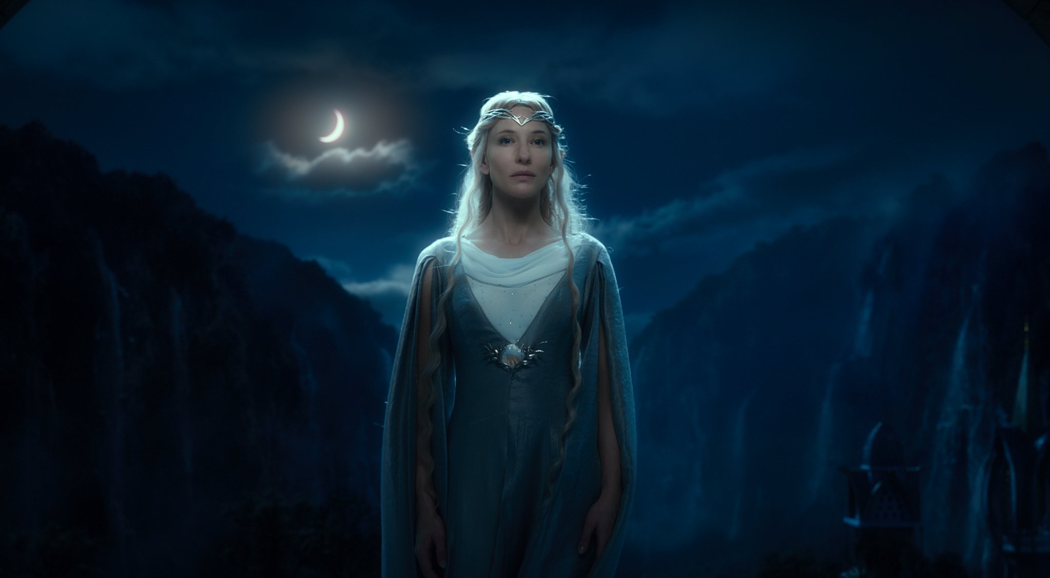 hobbit unexpected journey galadriel galadriel night elf waterfalls moon rivendell