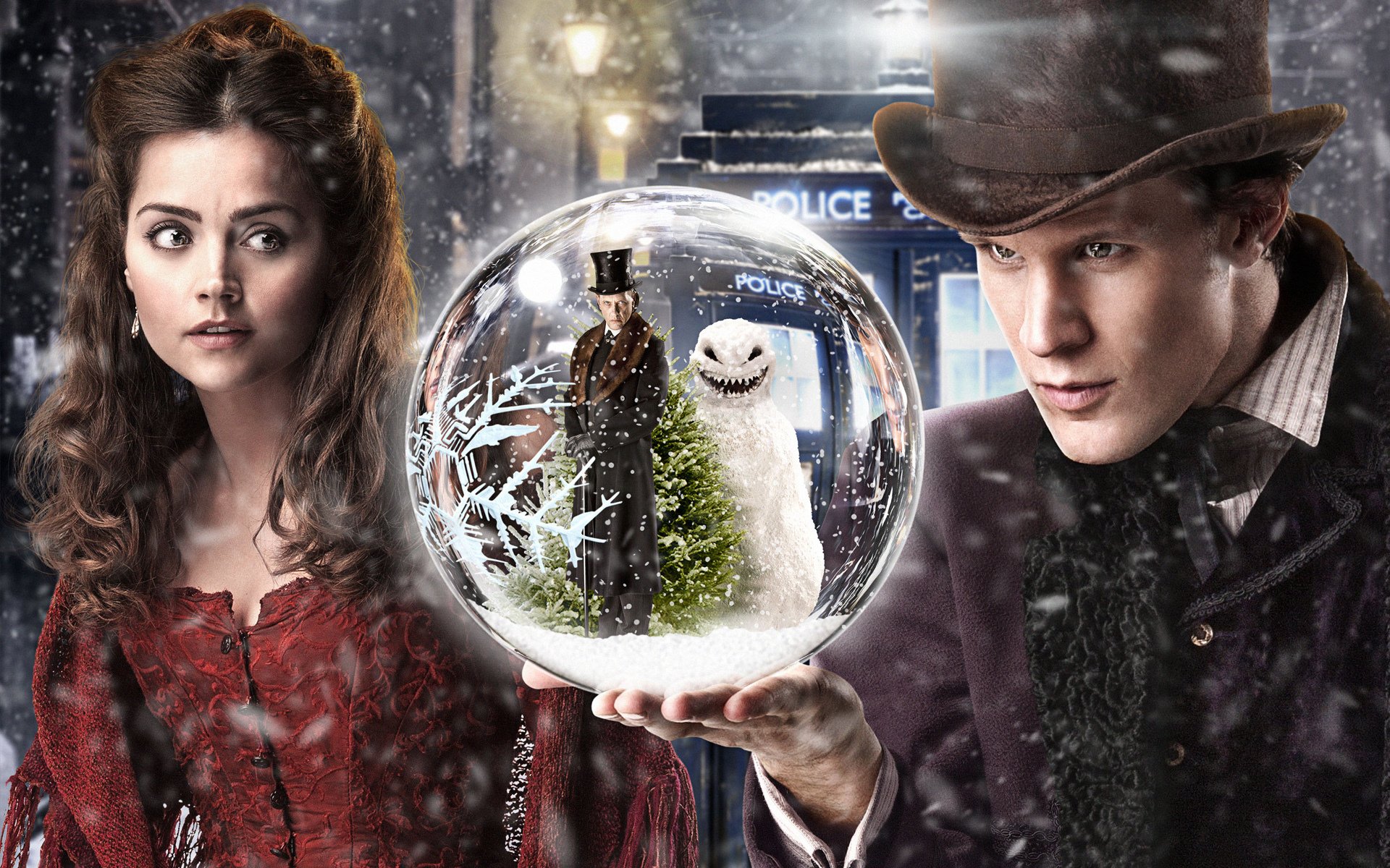 doctor who boule neige rue homme bonhomme de neige arbre de noël fille chapeau cabine matt smith lanternes jenna-louise coleman