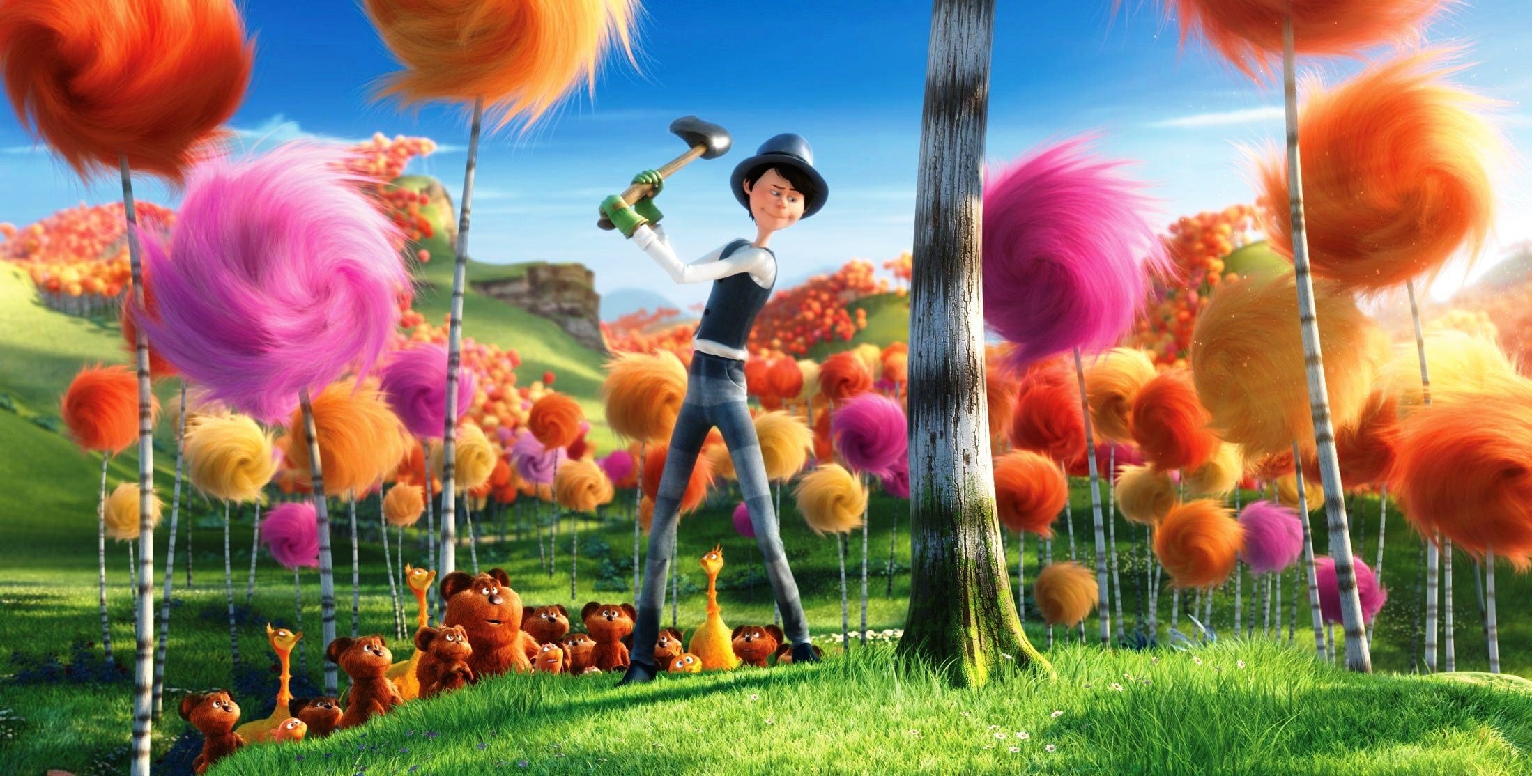 dessin animé lorax denis de vito forêt multicolore hache