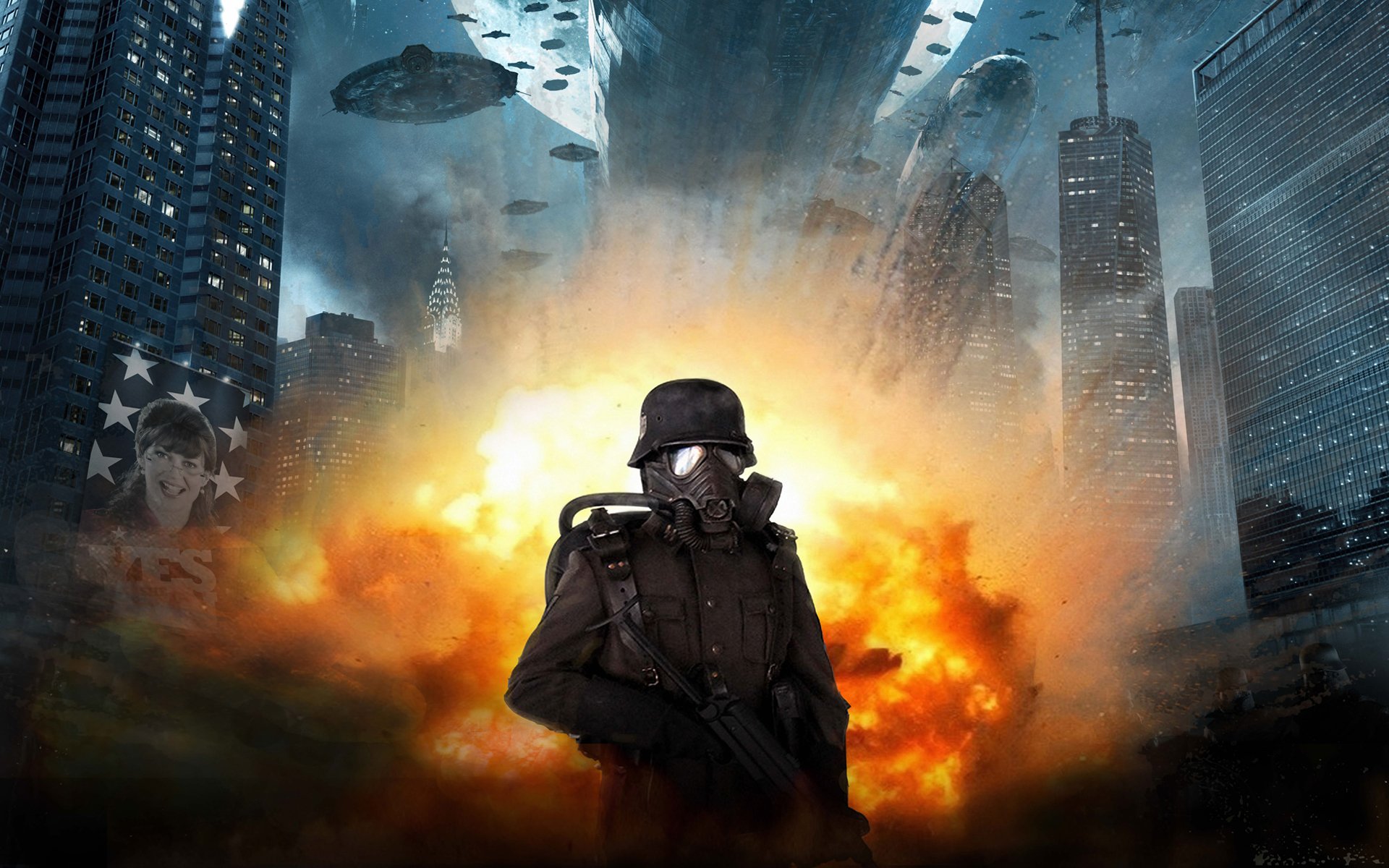 iron sky iron sky soldier machine gun fire explosion skyscrapers ufo