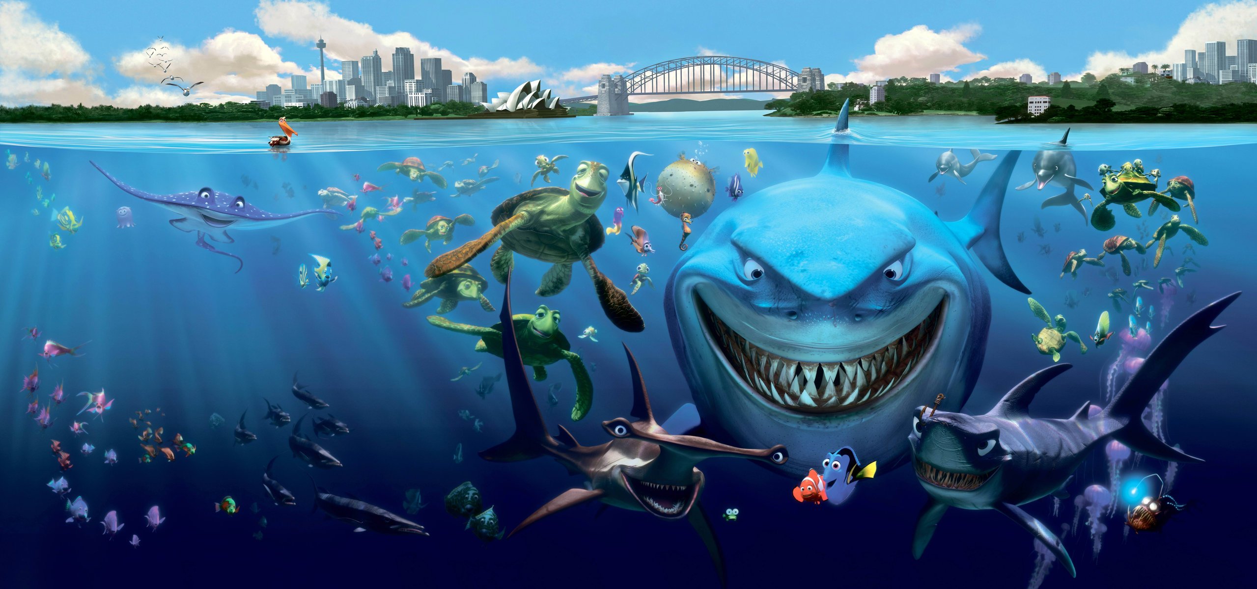 cartoon finding nemo underwater inhabitants fish shark turtle