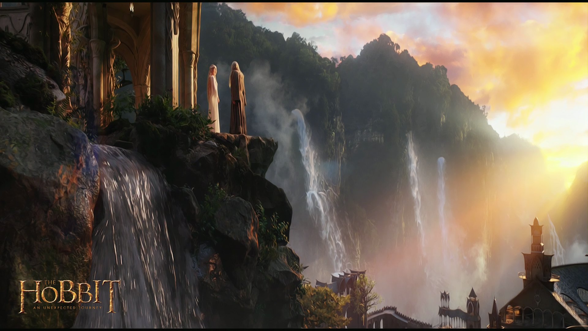 hobbit hin und her unerwartete reise gandalf dame galadriel meister elf elfenschloss rivendell sonnenuntergang wasserfälle hin und her unerwartete reise galadriel zauberer wasserfall wald klippe