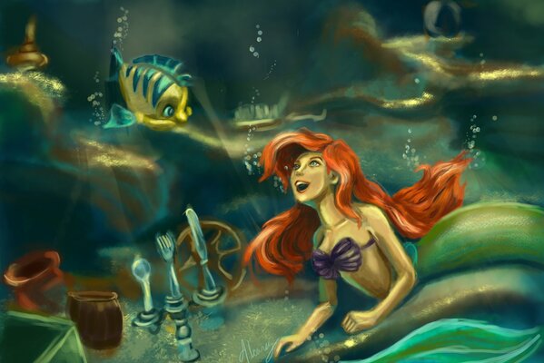 Art picture of a little mermaid under water surrounded by cutlery