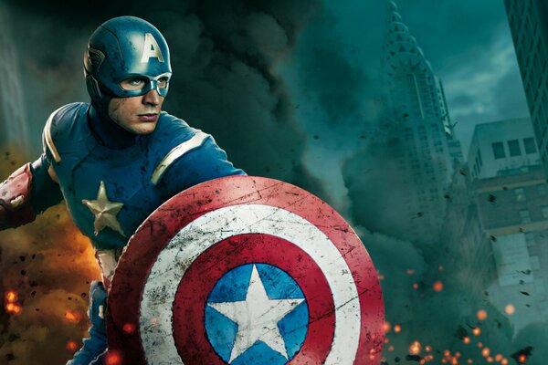 Captain America trägt eine Maske mit einem Schild auf einem Plakat