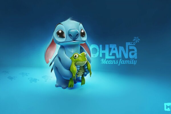 Stitch with a frog on the background of the inscription Ohana means family 