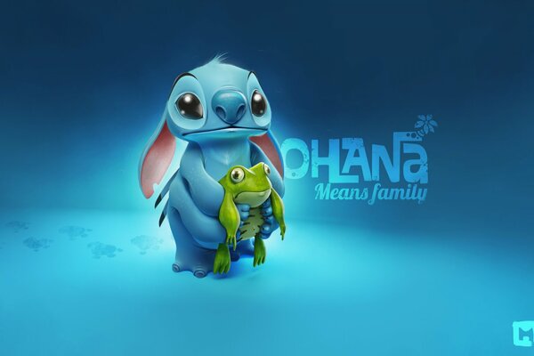 Stitch con una rana en el fondo de la inscripción Ohana significa familia 