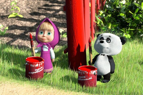 Masha with paint and panda from the cartoon