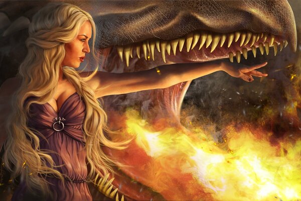 Fille de Game of Thrones avec un dragon crachant des flammes