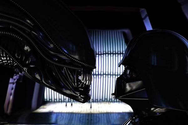 Alien and Darth Vader look at each other