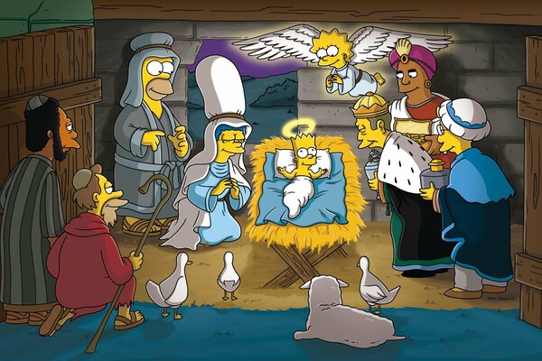 Christmas at the Simpsons with Bart as a baby and Lisa with wings over him
