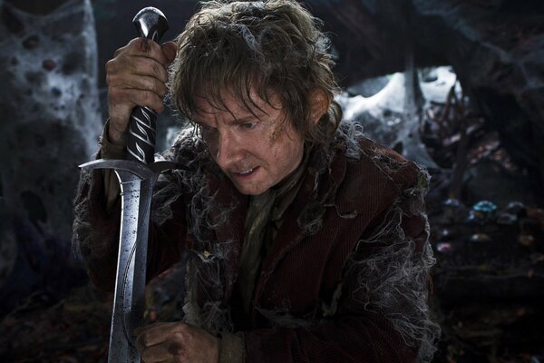 A shot from the movie the Lord of the Rings, a hobbit with a sword