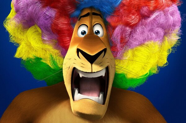 Alex the lion from Madagascar in a clown wig