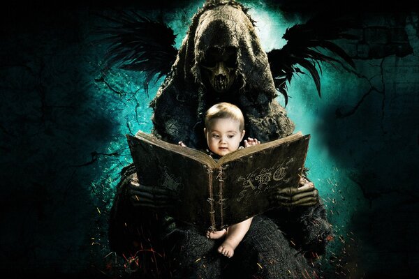 Ein Dämon, der ein Kind hält und das ABC des Todes liest