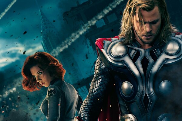 Scarlett Johansson and Chris Hemsworth in The Avengers