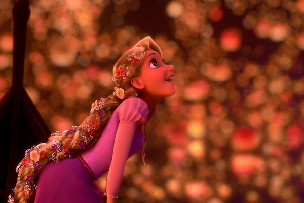 Rapunzel looks at the lanterns going up into the sky