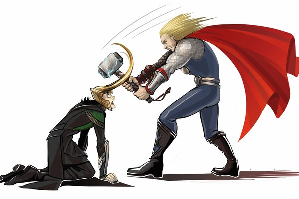 Tom schlägt Loki mit dem Hammer auf den Schädel