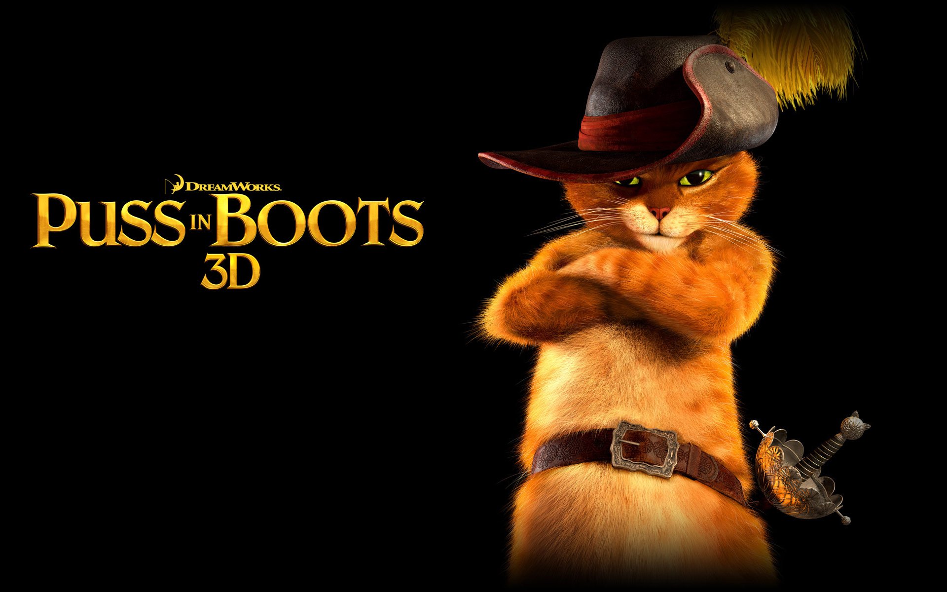 cartoon puss in boots black background hat feathers sword belt belt cat cat kitten look